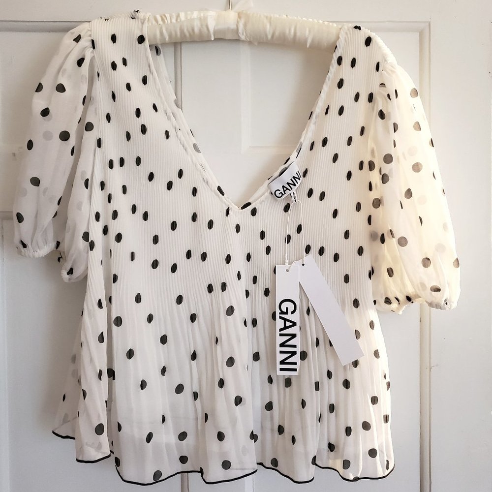 Ganni Pleated Georgette Peplum Blouse in Egret NWT